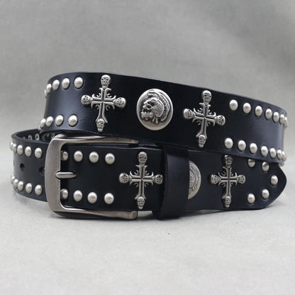 Men’s Designer Rivet Belt – Genuine Cowhide Leather Punk Rock Pin Belt for Jeans, Luxury Black Leather Belt