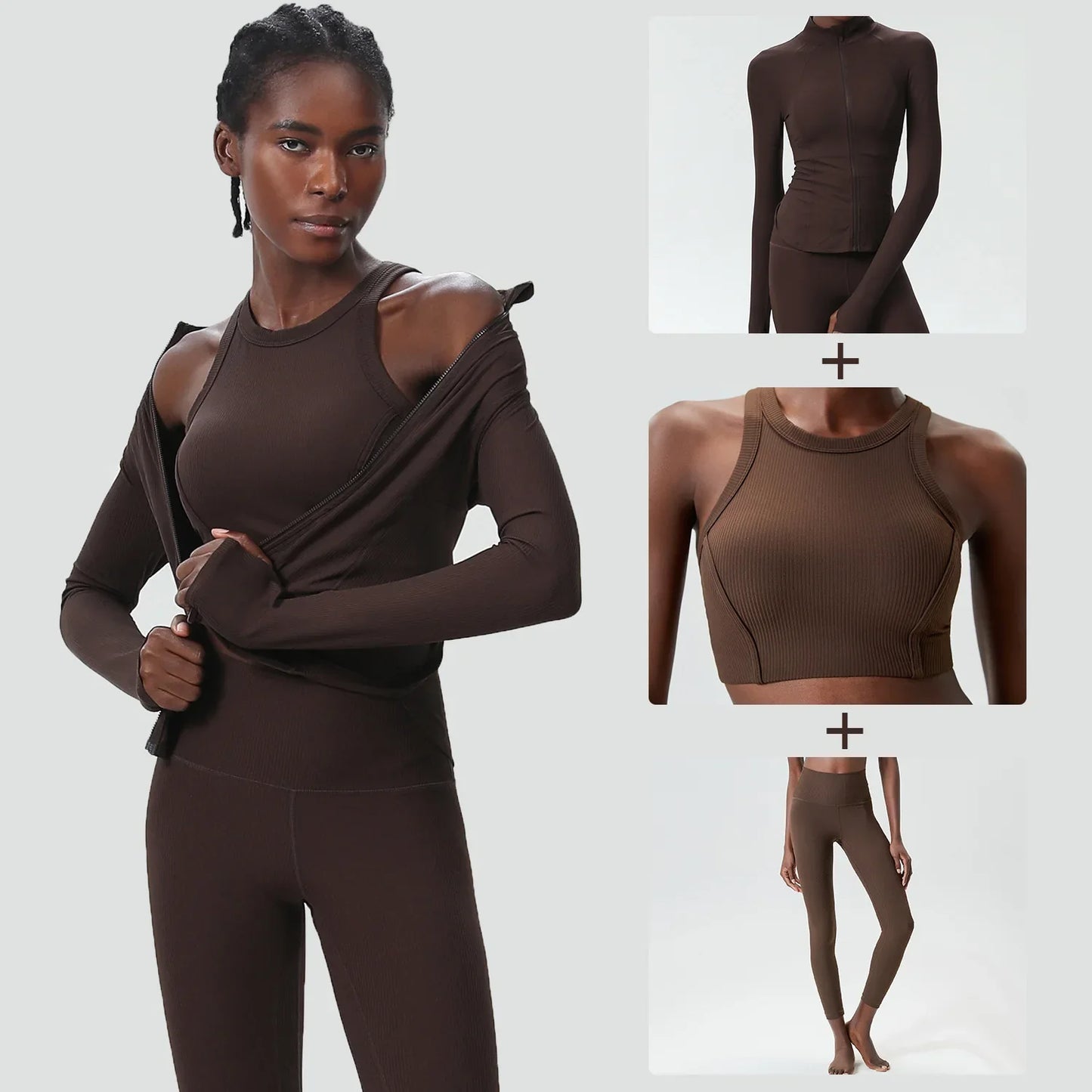 3PCS Women’s Fitness Yoga Set – Solid Color Ribbed Long Sleeve Top & High Waist Leggings, Breathable Workout Sportswear