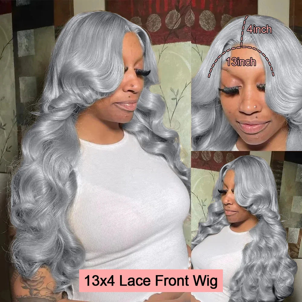 13x6 Silver Grey Body Wave Lace Front Wig – 100% Human Hair, Preplucked 13x4 Lace Frontal Brazilian Wig, 36 Inch