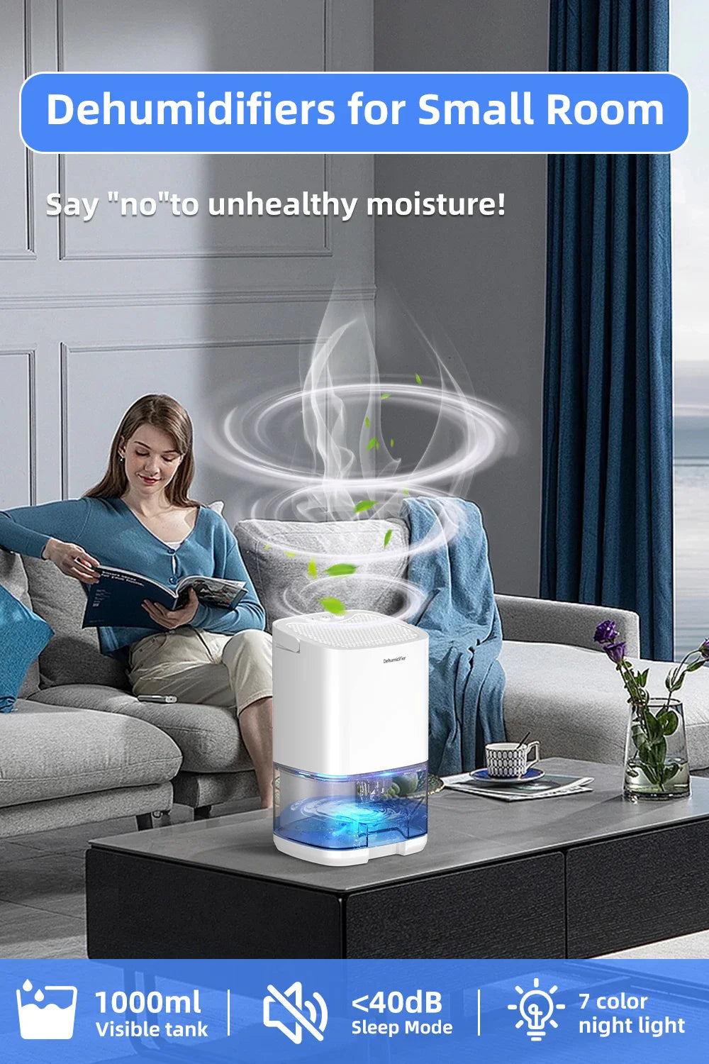 1000ml Portable Dehumidifier – Energy Efficient, Damp, Mold & Moisture Eliminator for Home, Office & RV