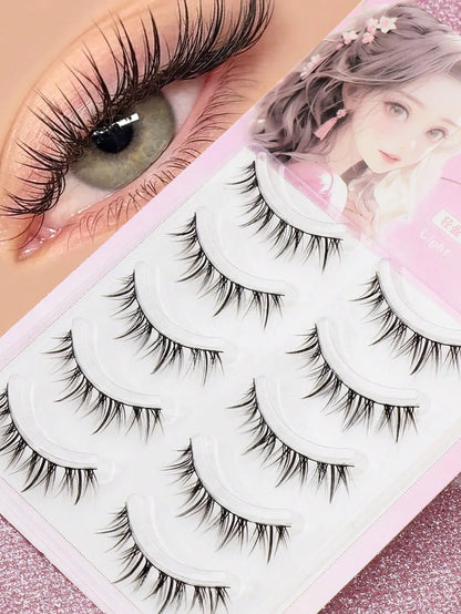 5 Pairs Cat Eye Faux Mink Eyelashes – Winged Long Natural Manga Style False Lashes Makeup Set