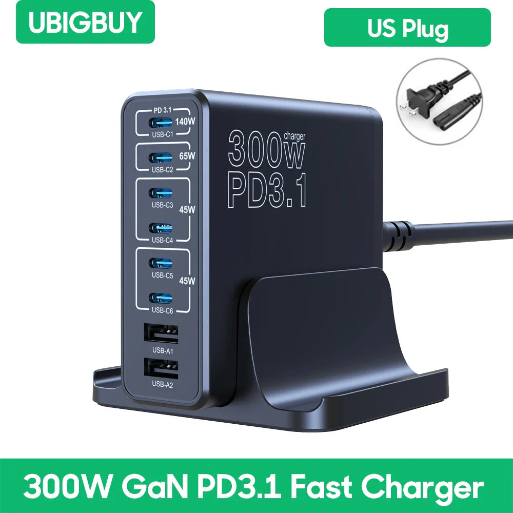 Ubigbuy 300W Multi-Port GaN Charger - USB-C 140W PD 3.1 & PPS 100W Charging Station for MacBook Pro M2, iPhone 15/14, Galaxy