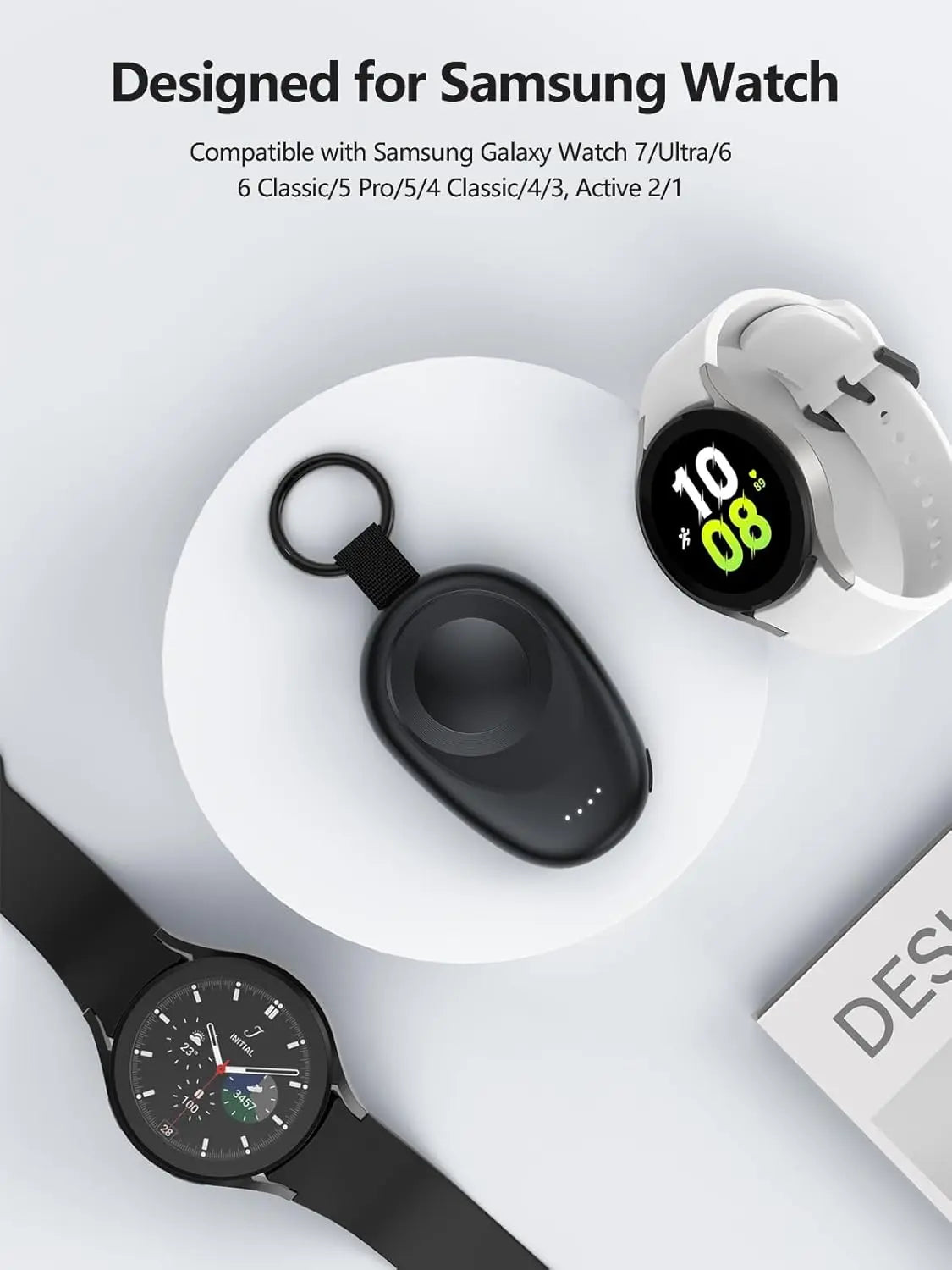 1400mAh Portable Wireless Charger & Power Bank — Magnetic Keychain Charging for Galaxy Watch 7/Ultra/6/5 Pro/4/3/Active 2