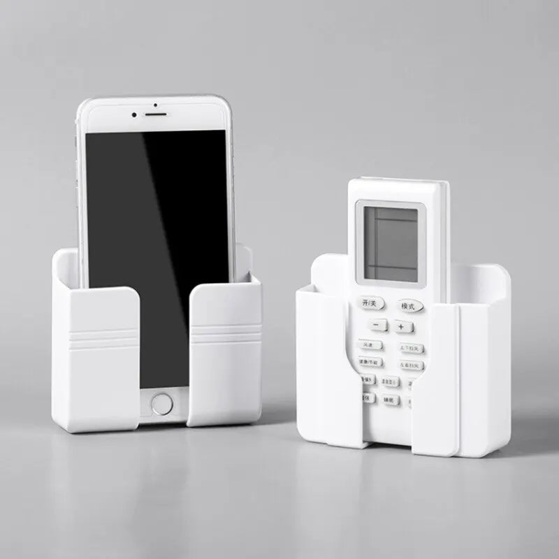 3pcs Wall Mount Phone Holder: White Punch-Free Charging Stand - Lazy Sticky Remote Control Storage Box for Mobile Phones