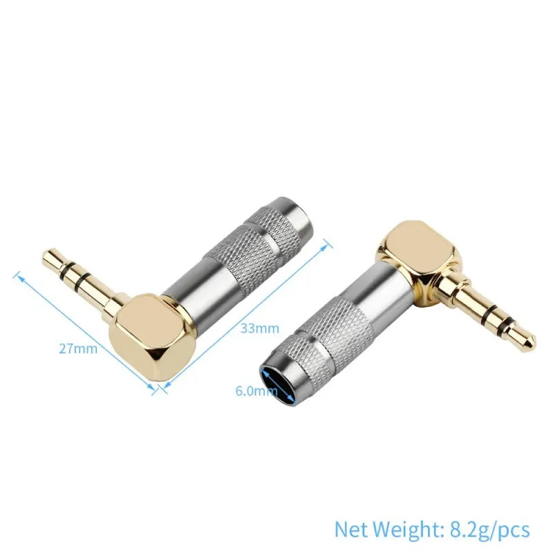 3.5mm 90° Right Angle Audio Adapter Plug – Gold Soldered Earphone Connector, 1/8" 3/4 Pole Headphone Jack