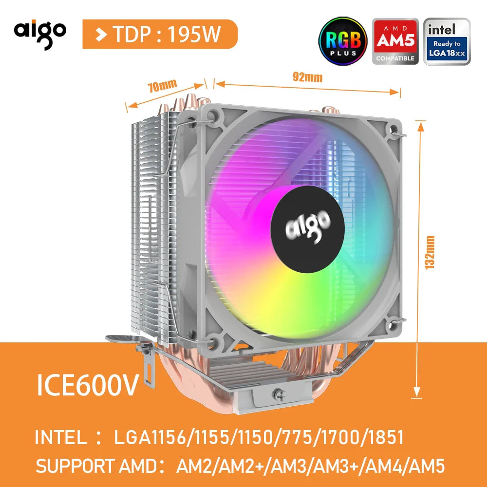Aigo CPU Cooler — 2/4/6 Heat Pipe Radiator with 3-Pin PWM Silent RGB Fan for Intel LGA 1700/1150/1155/1156/1366 & AMD AM2/AM3/AM4