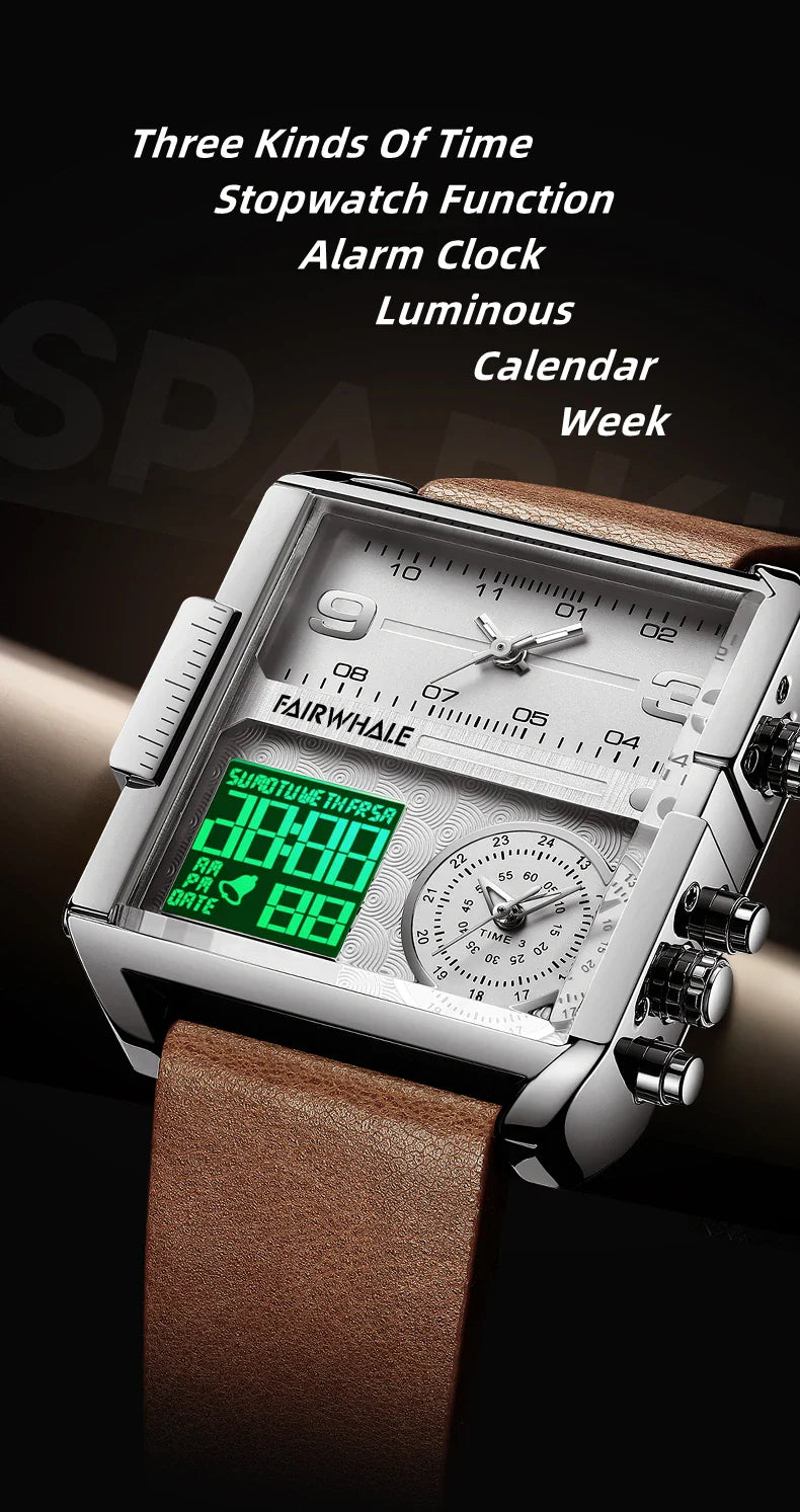 Mark Fairwhale Men’s Luxury Square Quartz Watch — Fashion Waterproof Military Leather Strap Wristwatch