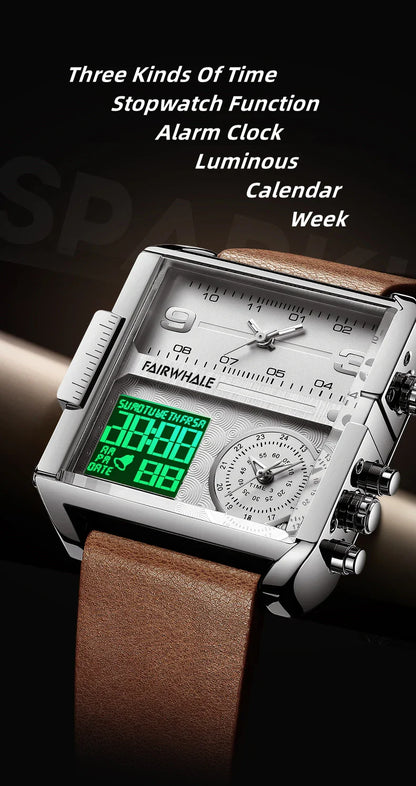 Mark Fairwhale Men’s Luxury Square Quartz Watch — Fashion Waterproof Military Leather Strap Wristwatch