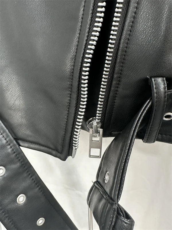 RARF 2024 Women's Washed Leather Jacket – Coal Gray Short Coat with Belt, Vintage Lapel & Zipper