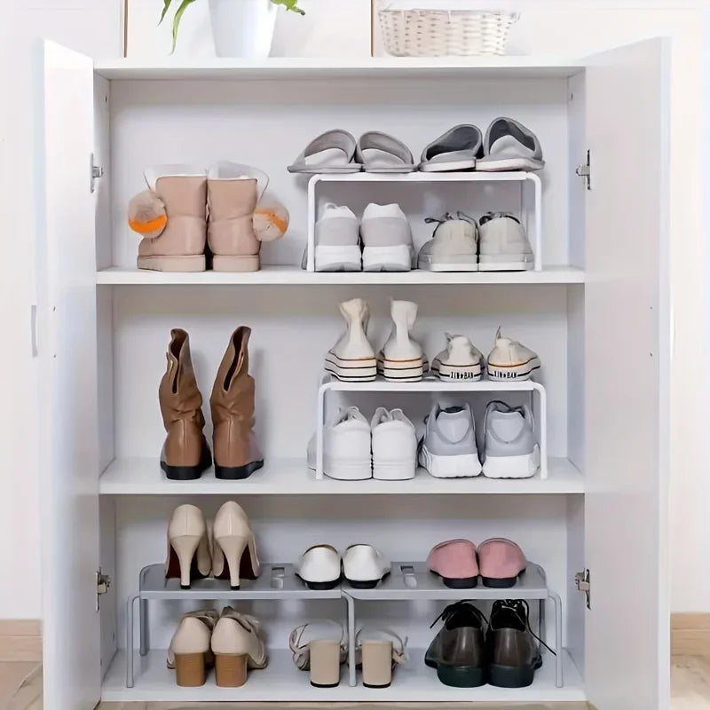 Adjustable Multi-Tier Plastic Shoe Rack — Space-Saving Storage Organizer for Sneakers, Slippers, Home, Dorm, Closet, White or Gray