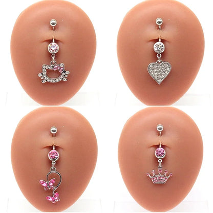 Sweet Butterfly Crown Heart Belly Button Ring – Pink & White Crystal Hello Kitty Dangle Navel Piercing Jewelry for Women