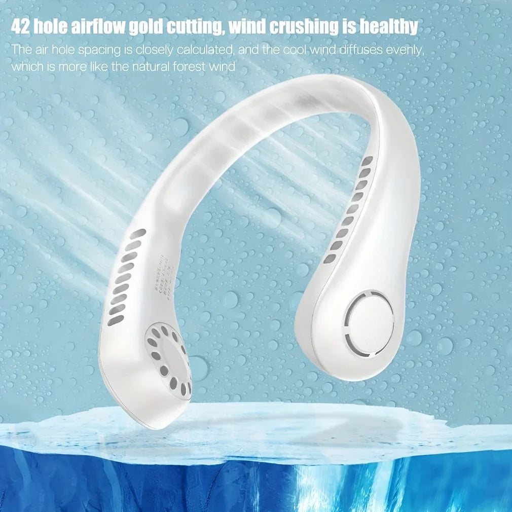 USB Rechargeable Hanging Neck Fan – Adjustable Mini Leafless Personal Cooler with Strong Airflow for Outdoor Use