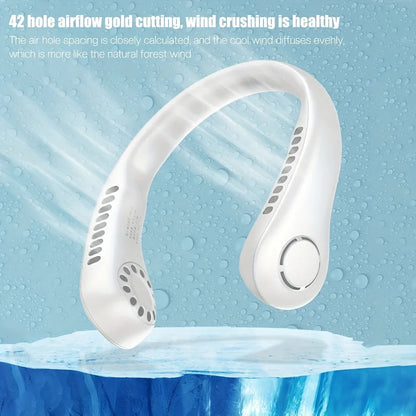 USB Rechargeable Hanging Neck Fan – Adjustable Mini Leafless Personal Cooler with Strong Airflow for Outdoor Use