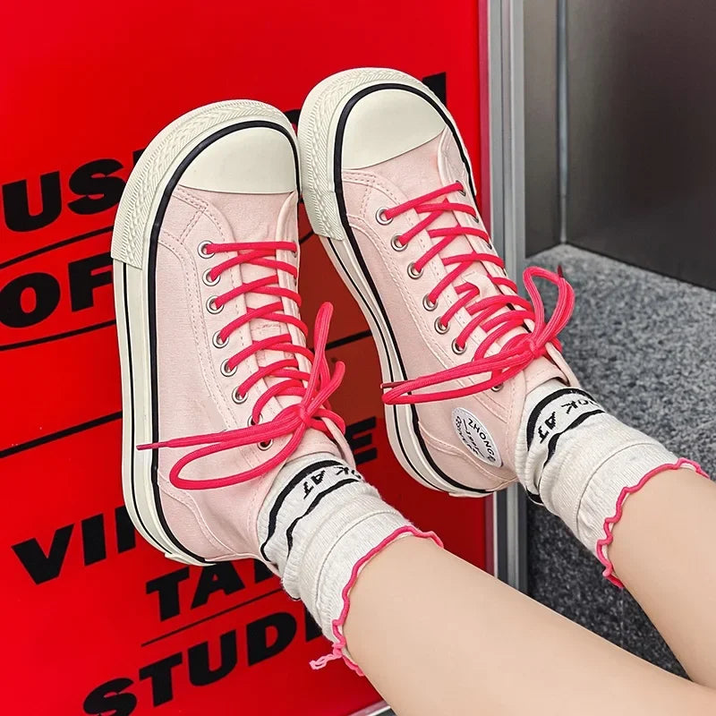 Women’s High-Top Canvas Shoes — Round-Toe, Low-Profile, Breathable Flat Heel Board Shoes for Spring/Summer