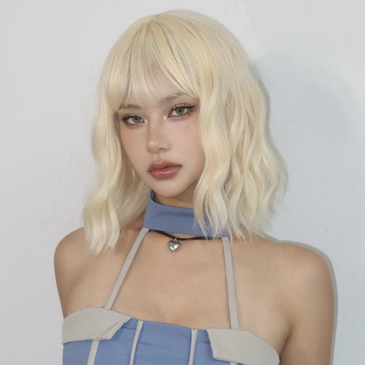 Blonde Short Curly Bob Synthetic Wig with Bangs – Platinum Golden Lolita Cosplay Wig for Women, Heat-Resistant for Daily & Party Use