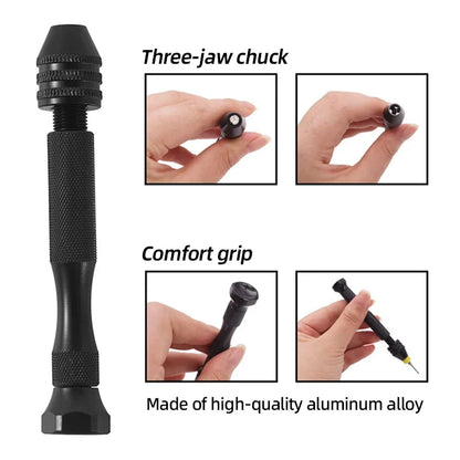 Mini Aluminum Hand Drill 0.3–3.4mm – Keyless Chuck Micro Rotary Tool with HSS Twist Drill Bit Set for Wood & DIY Crafts