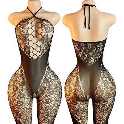 Sexy Crotchless Lingerie Set - Leopard Print Mesh Bodystocking with Backless Cutout Bra Design
