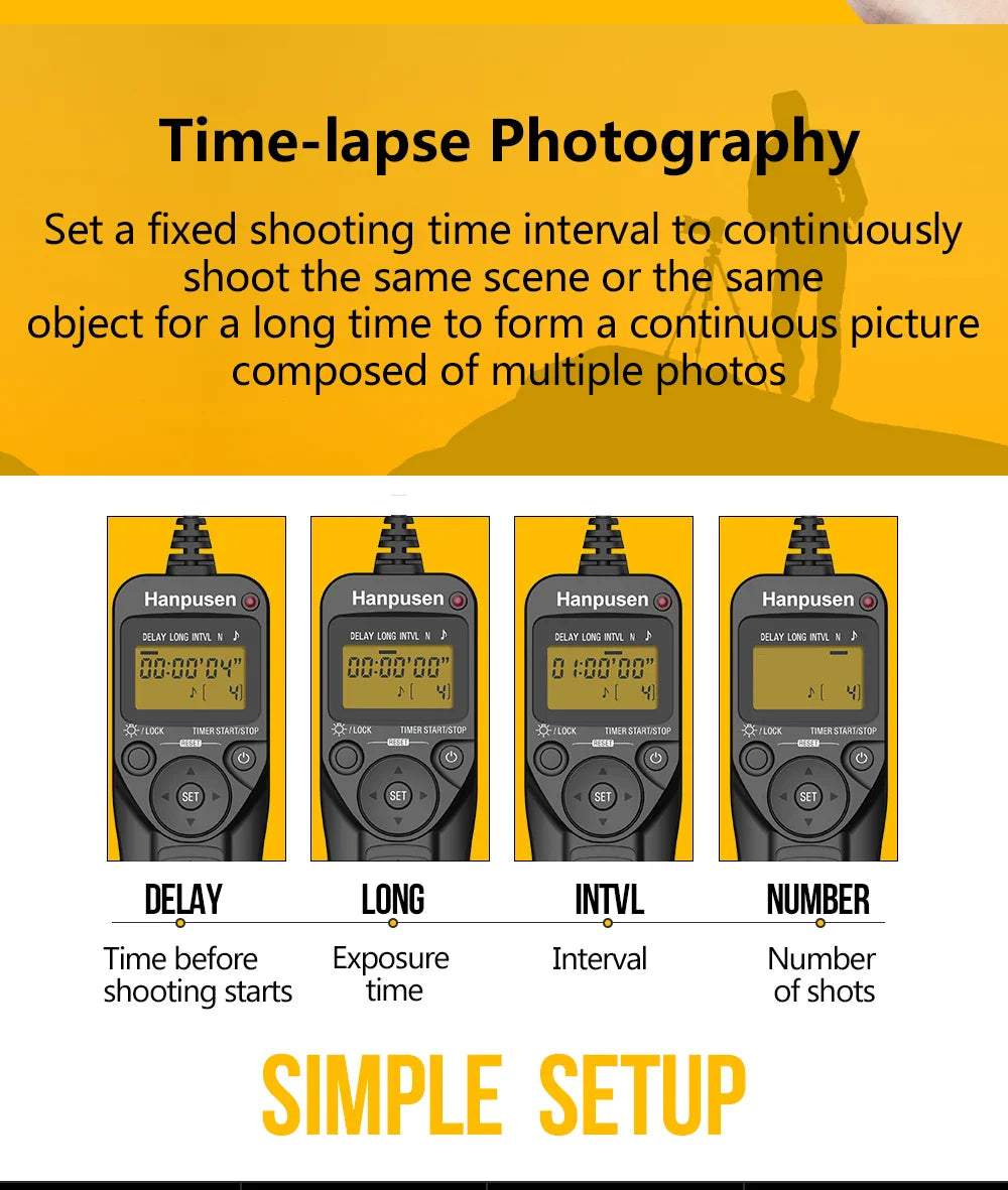 Camera Time Lapse Intervalometer — LCD Timer Remote Shutter Release for Canon, Nikon, Sony, Fujifilm, Olympus, Pentax