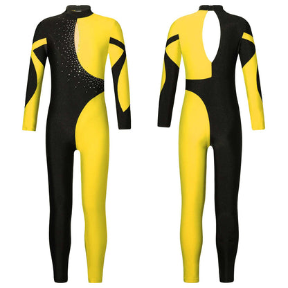 Kids Girls Long Sleeve Rhinestone Bodysuit — Full Body Dancewear Gymnastics Leotard Skating Jumpsuit