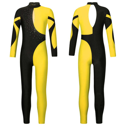 Kids Girls Long Sleeve Rhinestone Bodysuit — Full Body Dancewear Gymnastics Leotard Skating Jumpsuit