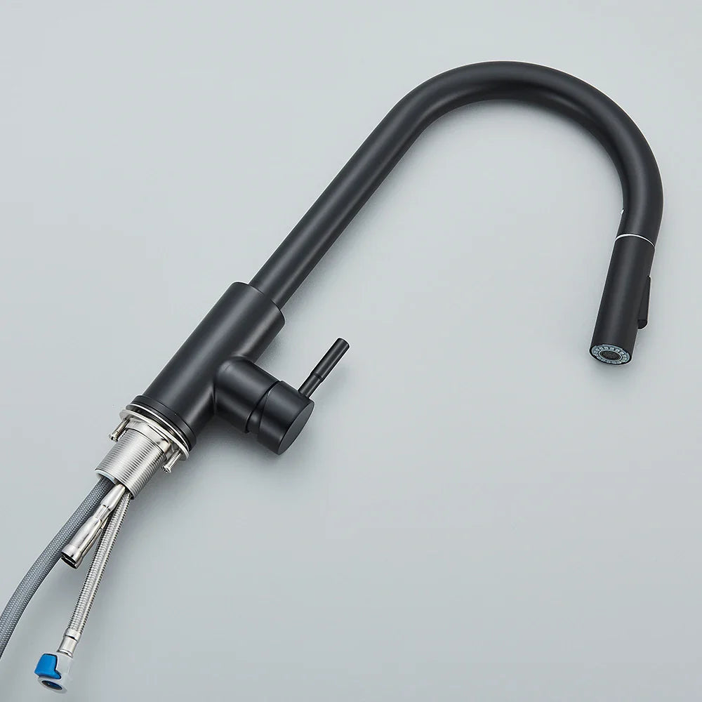 Black Kitchen Faucet - Two-Function Single Handle Pull-Out Mixer Tap with Hot & Cold Water, Deck Mounted