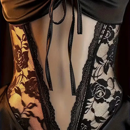 Women’s Lace Crotchless Bodysuit Lingerie - Deep V Hollow Teddy Pajama Costume