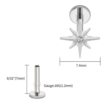 Right Grand ASTM F136 Titanium CZ North Star 16G Flat Back Earring – Tiny Starburst Helix, Cartilage & Earlobe Stud Piercing Jewelry