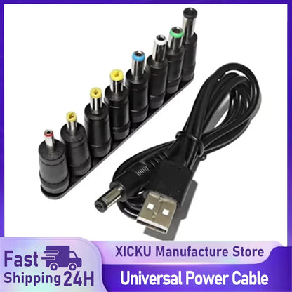 Universal USB to DC 5.5×2.1mm Power Cable – 5V Charging Cord with 8 Connector Tips for CCTV & TV Box