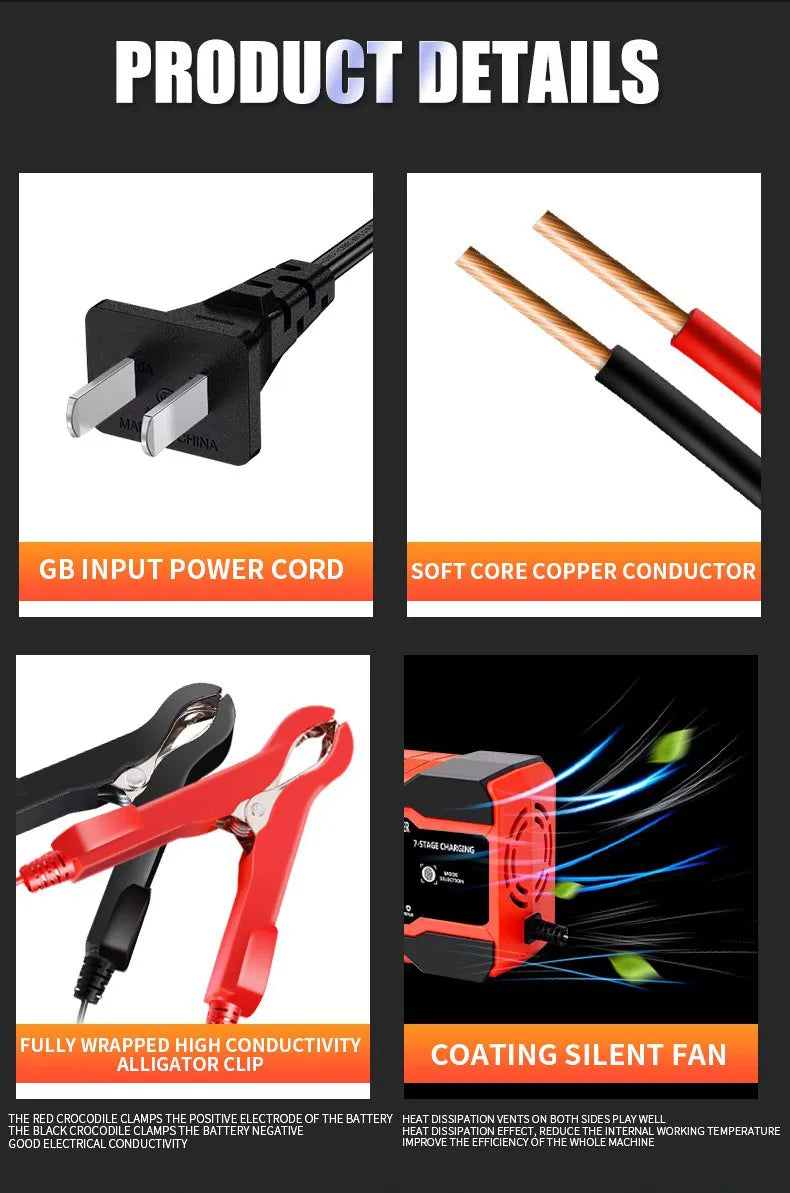 12V/24V Smart Battery Charger — 10A/12A Fast Charger with 7-Stage Pulse Repair for AGM, GEL, WET Lead-Acid Car Batteries