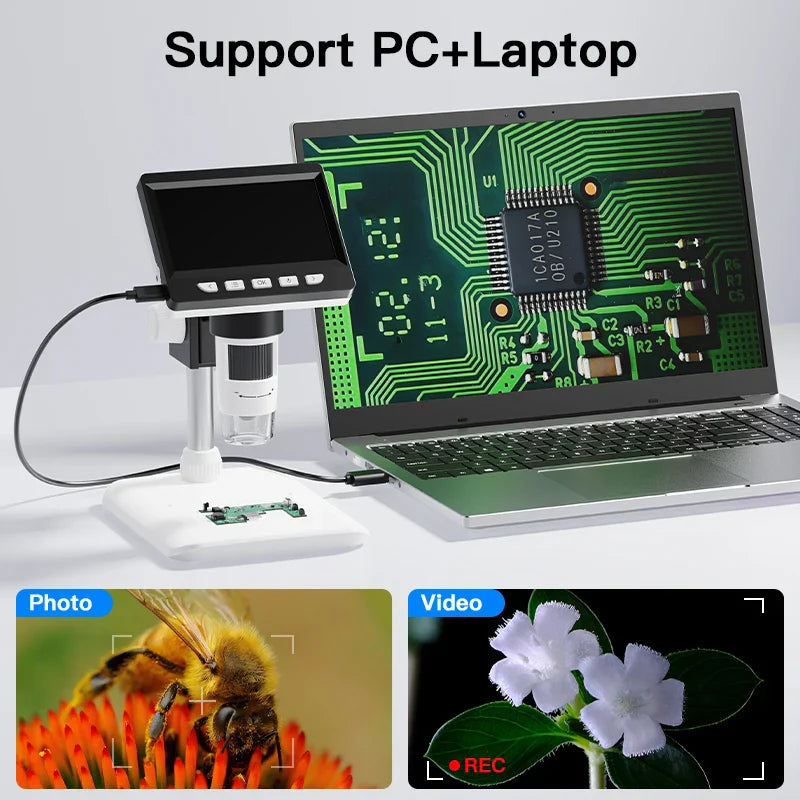 Digital Microscope 4.3” IPS Screen – 1600X Magnification 2MP USB Coin & PCB Inspection Microscope for Watch Repair & Electronics