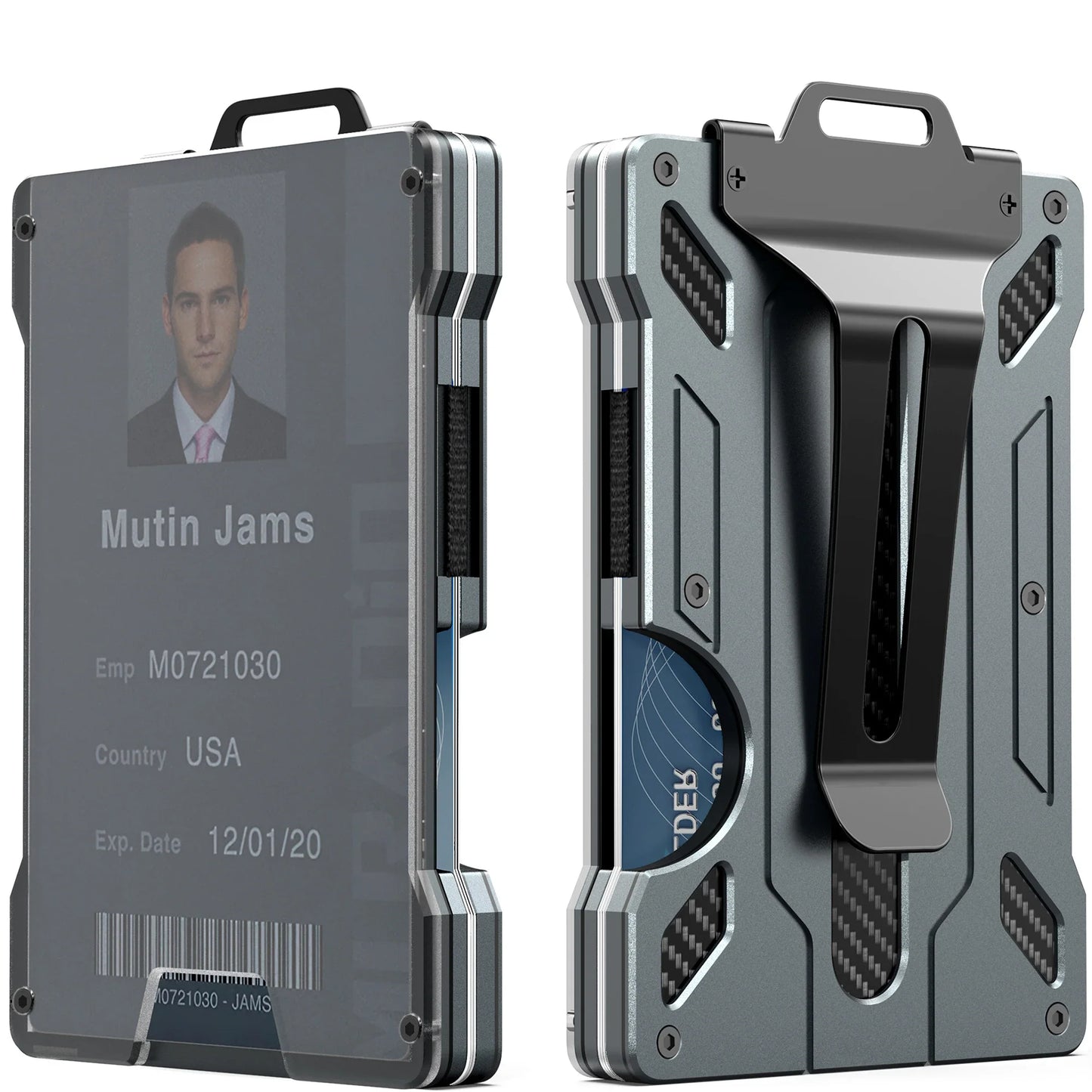 Slim Aluminum Minimalist Wallet for Men — RFID Blocking Money Clip with Clear ID Holder, Holds 15 Cards