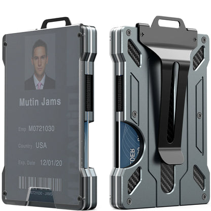 Slim Aluminum Minimalist Wallet for Men — RFID Blocking Money Clip with Clear ID Holder, Holds 15 Cards