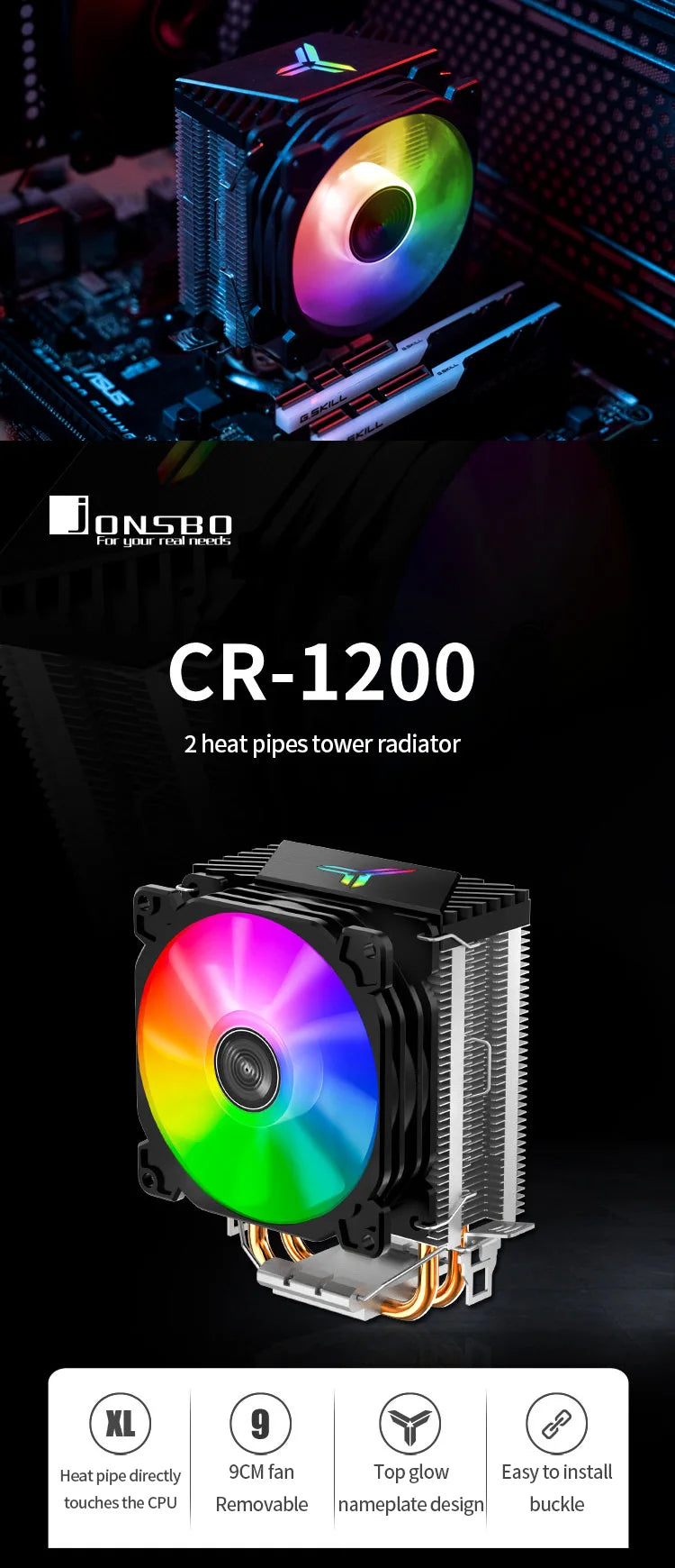 Jonsbo CR1200 CPU Cooler – 2 Heat Pipe Tower with RGB Light & 9cm Fan for Intel & AMD
