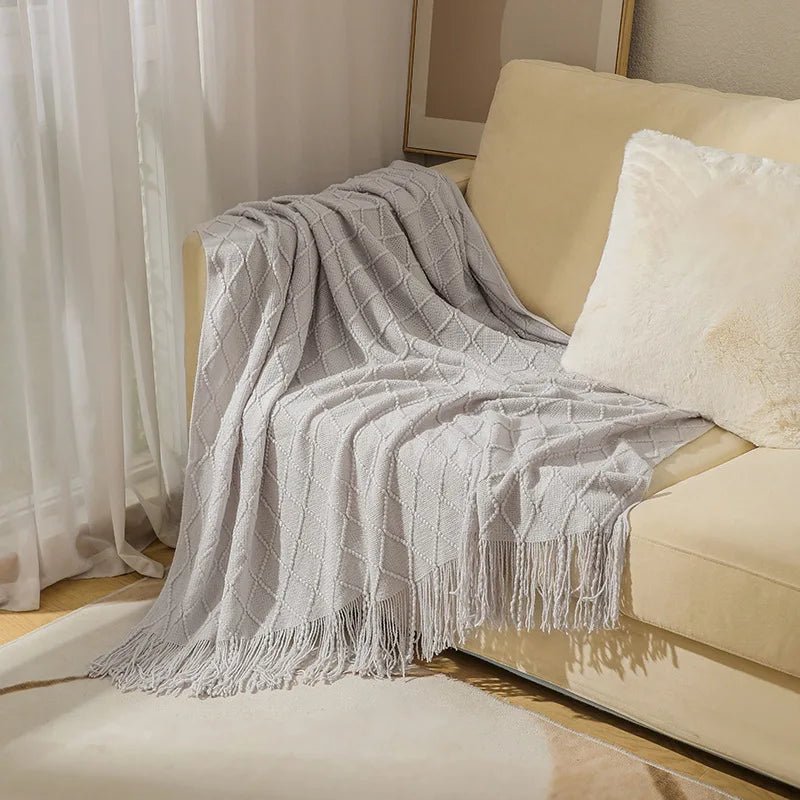White Boho Throw Blanket – Textured Chunky Knitted Vintage Luxury Bedspread, Sofa Cover Manta Para Sofá
