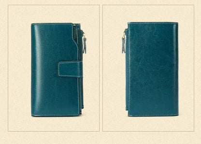 2024 New RFID Long Women’s Wallet — Genuine Leather Clutch with Zipper Coin Pocket, Card Holder & Printed Design