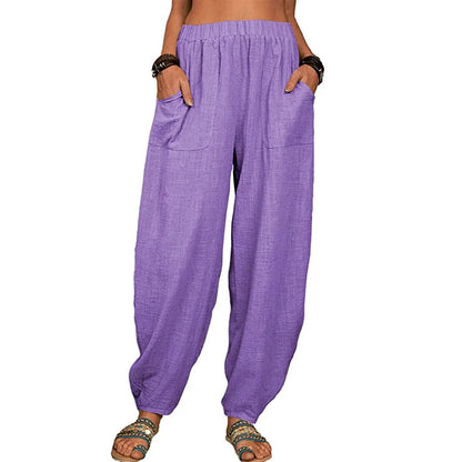 Women’s Casual Cotton Linen Harem Pants – Loose Fit Wide Leg Summer Lounge & Homewear Breathable Long Trousers LRFZ-922