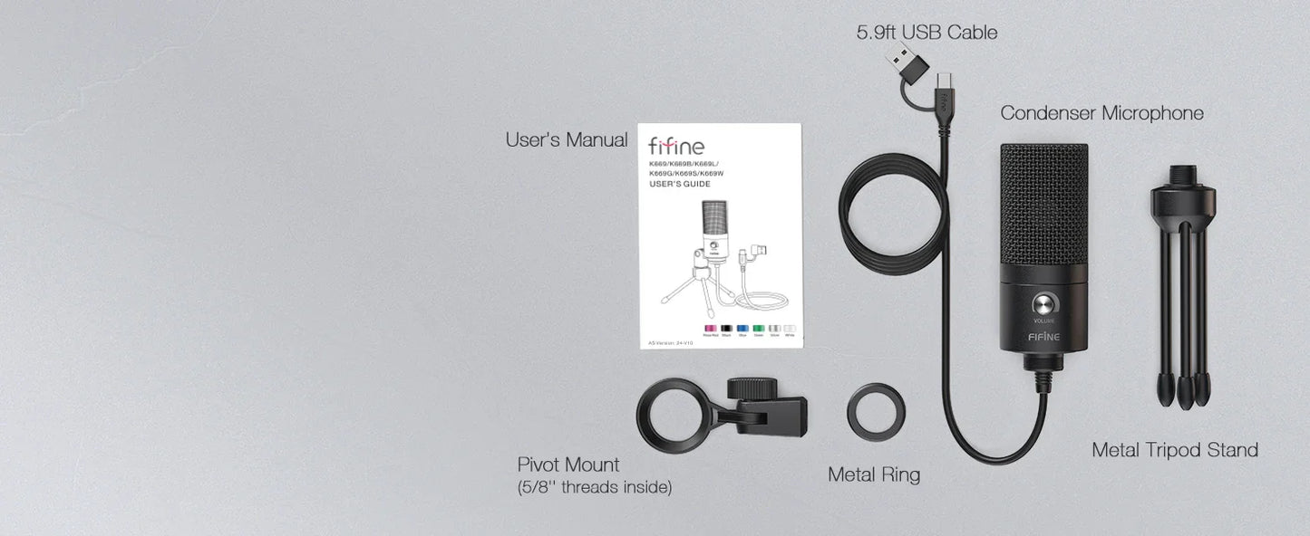 FIFINE K669 USB Condenser Microphone – Metal Recording Mic with Gain Knob for Home Studio, Podcasting & Voice-over