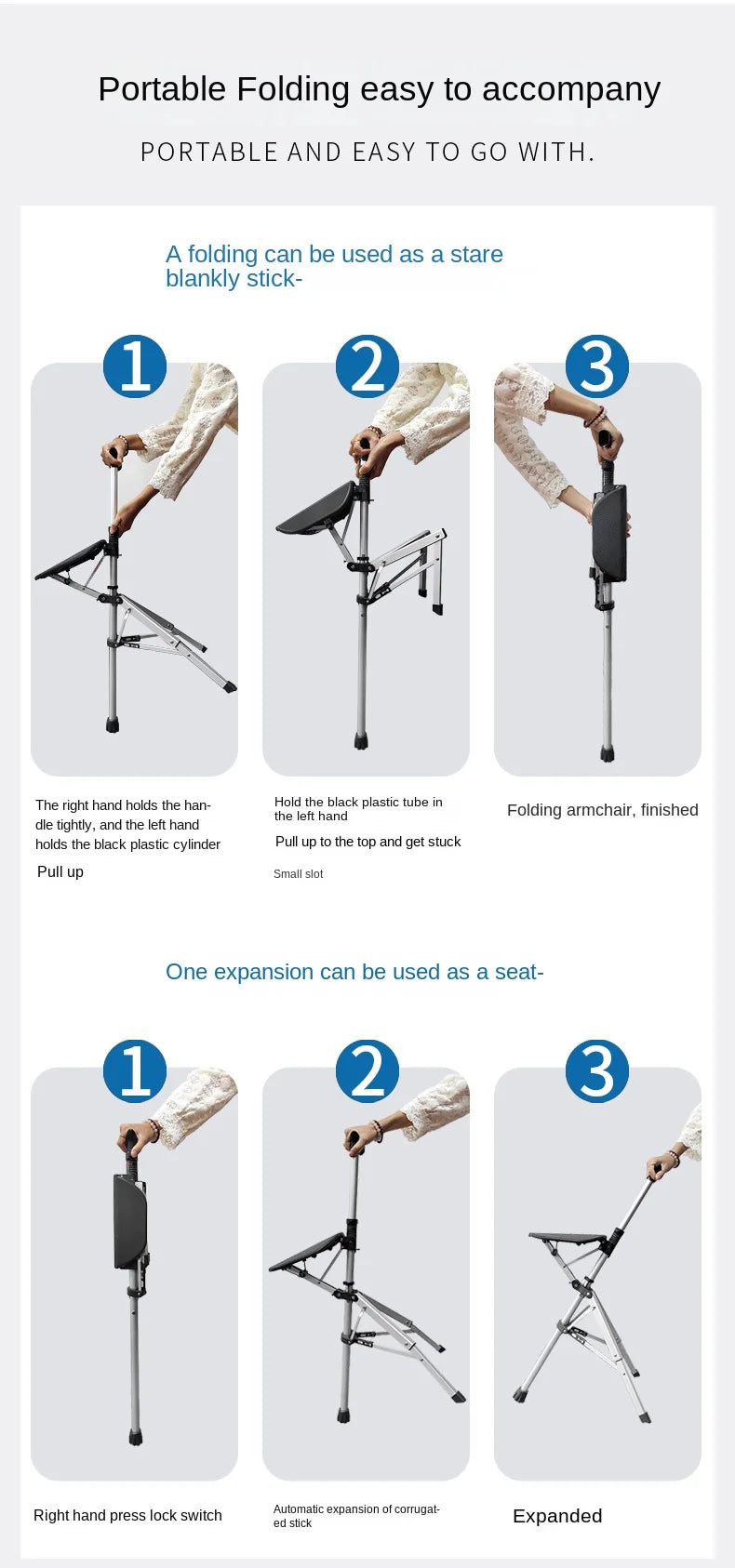 Multi-Functional Non-Slip Walking Stick with Seat – One-Key Foldable Crutch Chair, Triangular Bracing Elderly Hiking Pole Walker