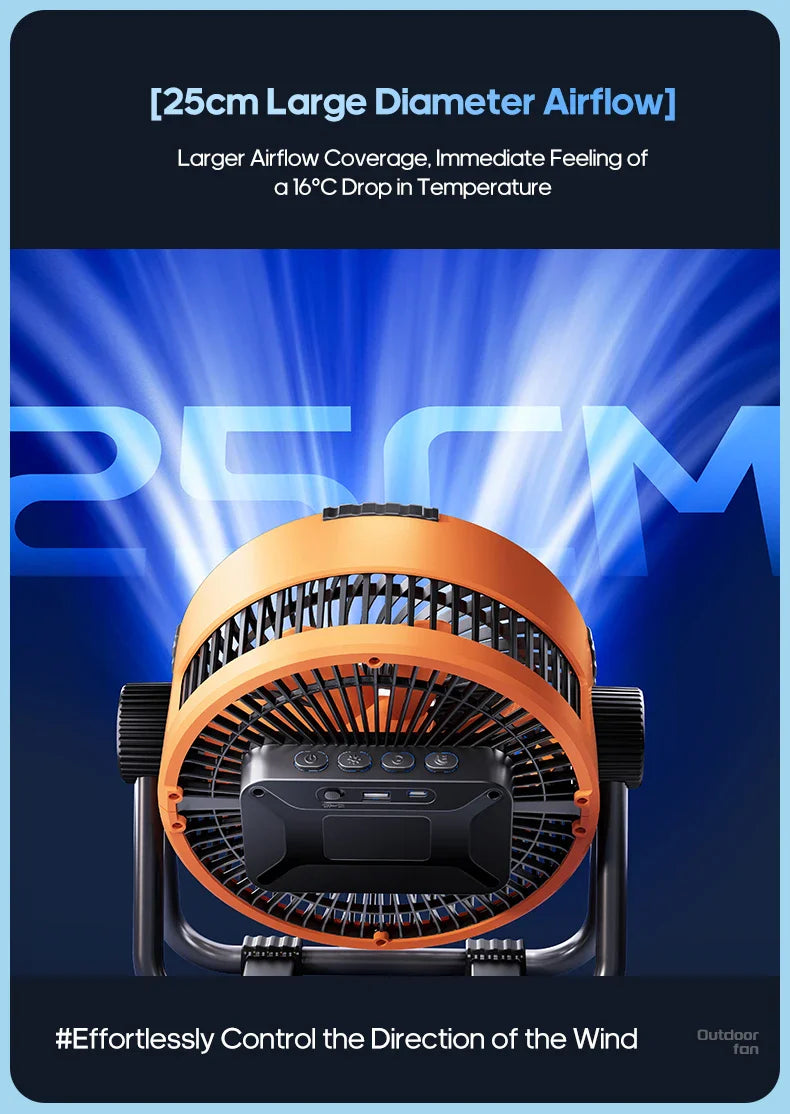 KINSCOTER 6-in-1 Portable Camping Fan — 20000mAh Rechargeable Outdoor Fan with 4 Speeds, Hook & LED Light
