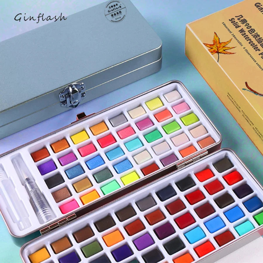 50/90 Color Solid Watercolor Paint Set – Glitter Pigments with Portable Metal Box & Squirrel Hair Brush for Nail Art