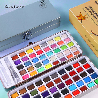 50/90 Color Solid Watercolor Paint Set – Glitter Pigments with Portable Metal Box & Squirrel Hair Brush for Nail Art