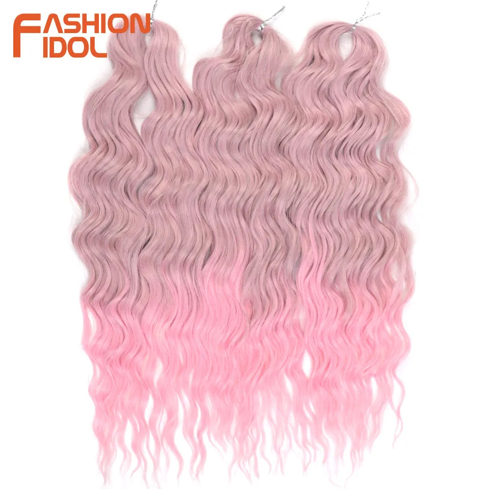 FASHION IDOL 24" Deep Wave Crochet Hair - 3-Piece Synthetic Water Wave Braiding Extensions, Ombre Rainbow Twist Hair