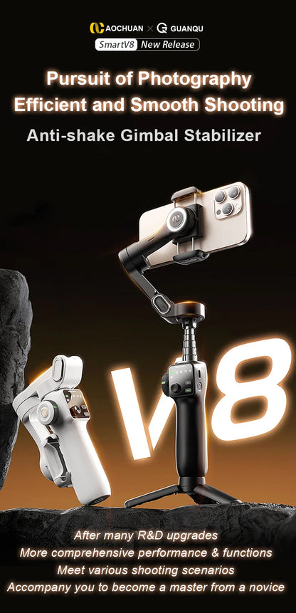 AOCHUAN Smart V8 3-Axis Handheld Gimbal – Phone Stabilizer with Extension Rod, Tripod & Face Tracking for iPhone, Android, TikTok & Vlog