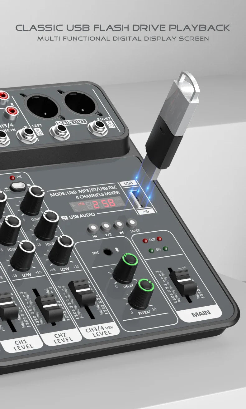 4-Channel Audio Mixer — USB Studio Mixer with 48V Phantom Power & Bluetooth for DJ & Karaoke