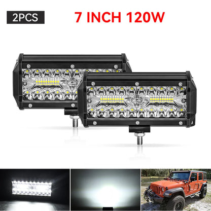 4" / 7" LED Work Light Bar 144W/120W Spot Flood Combo – Off-Road Lighting for Car, Tractor, Boat, Truck, SUV & ATV Repair & Utility Use