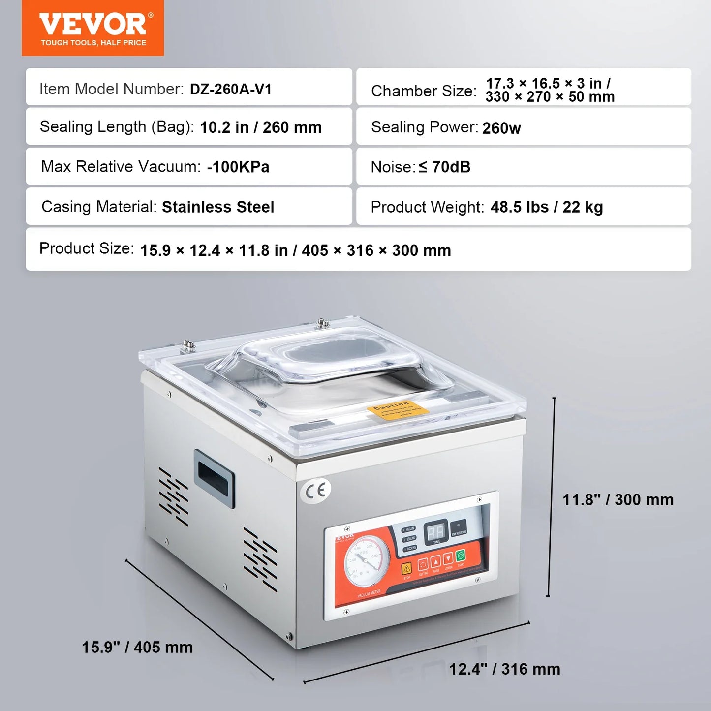 VEVOR DZ-260A Chamber Vacuum Sealer – 15.7" Sealing Machine for Home Use, Wet Foods, Meats & Marinades