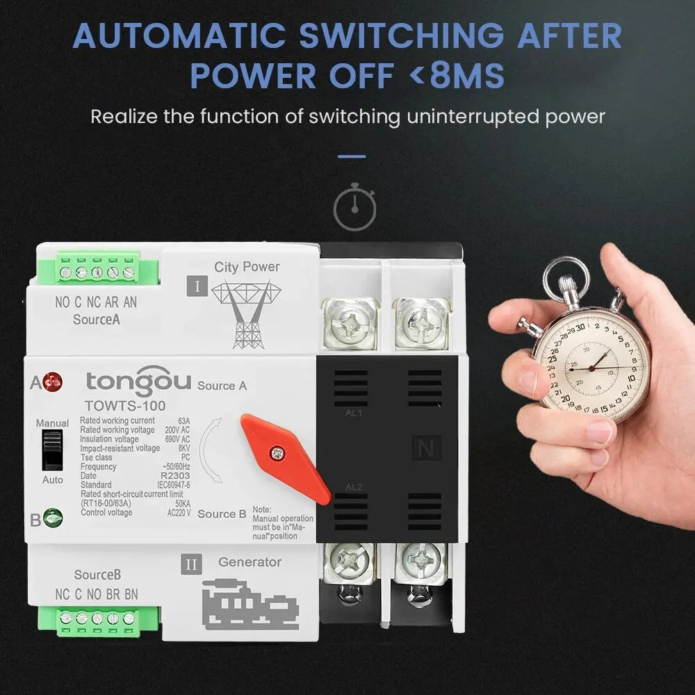 TONGOU Din Rail ATS Dual Power Automatic Transfer Switch – 2P 3P 4P Electrical Selector, Uninterrupted Power, 63A-100A Mini