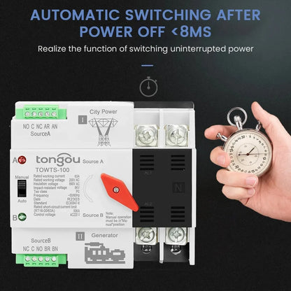 TONGOU Din Rail ATS Dual Power Automatic Transfer Switch – 2P 3P 4P Electrical Selector, Uninterrupted Power, 63A-100A Mini