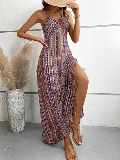 Women’s Boho Ethnic Print Maxi Dress – Backless Split Thigh Frill Trim Summer Beach Long Dress