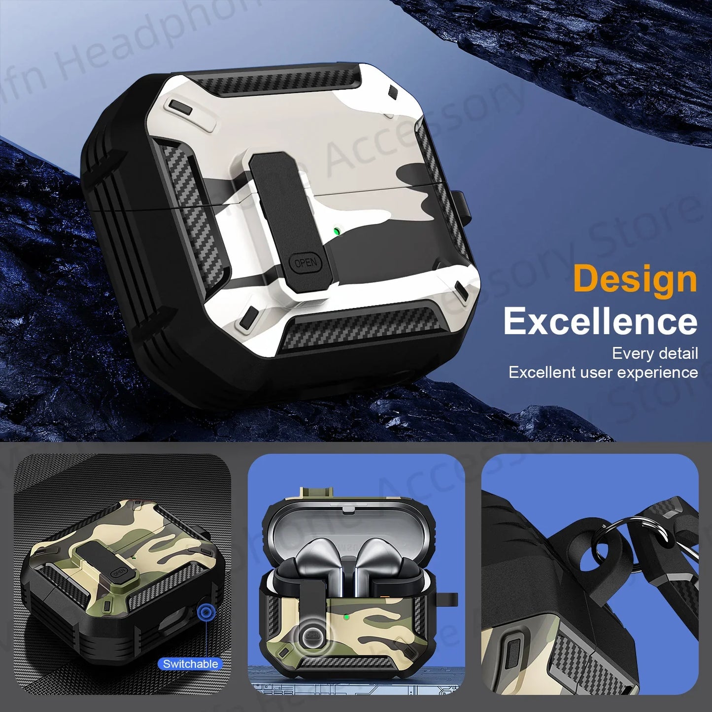 Camouflage Case for Galaxy Buds3 Pro – Carbon Fiber Protective Cover with Keychain & Cleaning Kit